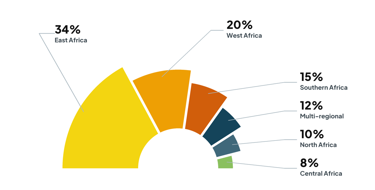 Half-pie chart of the portfolio by region, May 2026: East Africa 34 per cent, USD 6.54 million; West Africa 20 per cent, USD 3.90 million; Southern Africa 15 per cent, USD 2.84 million; multi-regional 12 per cent, USD 2.30 million; North Africa 10 per cent, USD 1.89 million; Central Africa 8 per cent, USD 1.62 million.